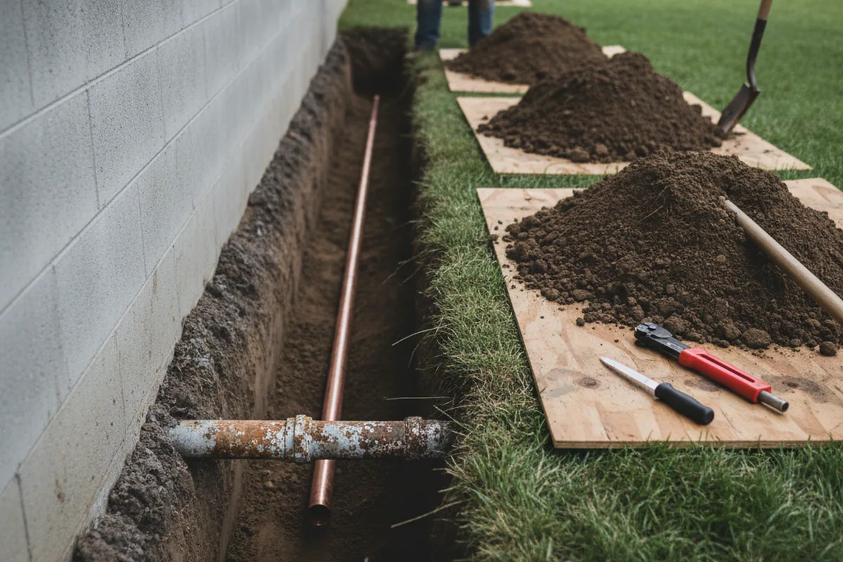 Excavated water line trench during Water Heater Repair in Clanton